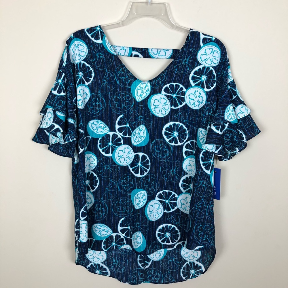 Apt 9 Navy, White, Turquoise Ruffle Sleeves